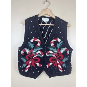 Vintage id Distinctions Christmas Sweater Vest Women’s L Candy Cane Embroidered